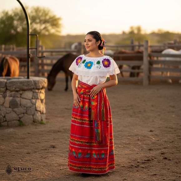 Traditional Mexican Floral Cambaya Dress Set – Handmade Three-Pieces - Picture 3 of 6